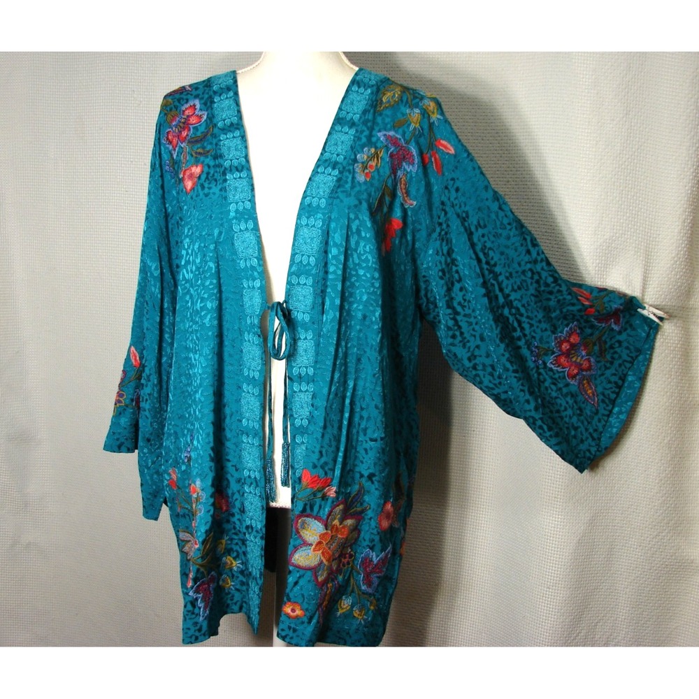 Johnny Was Floral Embroidered Front Tie Kimono Jacket Topper Flare Sleeve Large